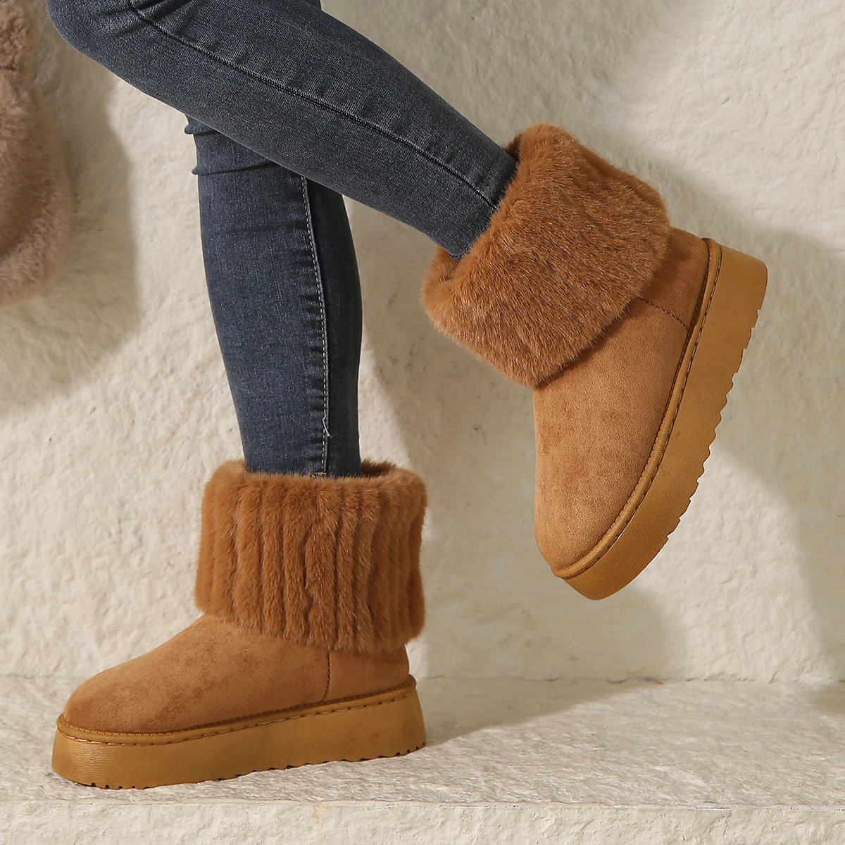 Womens Winter Womens Shoes Black Round Sole Solid Wood Plush Warm Middle Boots Waterproof Casual Snow Boots Womens 240930