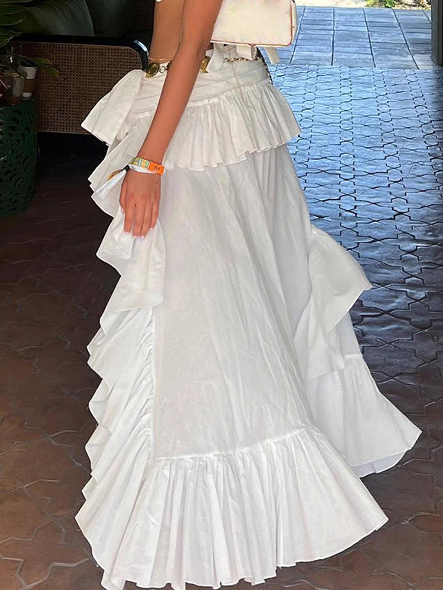 Women s White Boho Skirt Elastic Band Waist Flowy Skirt Irregular Ruffle Asymmetrical Midi Skirt 240914
