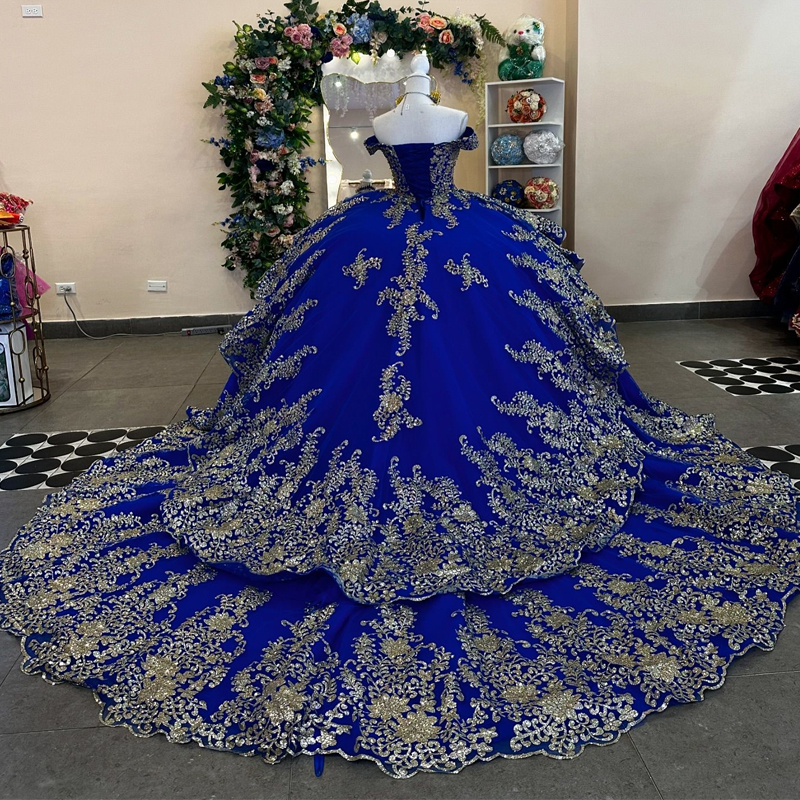 Sparkly Royal Blue Quinceanera Dresses Off Shoulder Sequin Gold Appliques Lace Pearl Corset Ball Gown Party Birthday Dress Vestidos 15 Anos