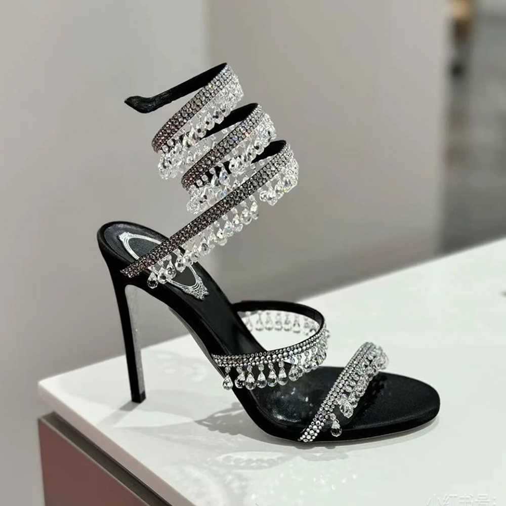 Black Crystal Chandelier high-heeled sandals 95mm luxury diamond serpentine wrapped Roman high heels Rhinestone Silver designer banquet dress shoes34-43