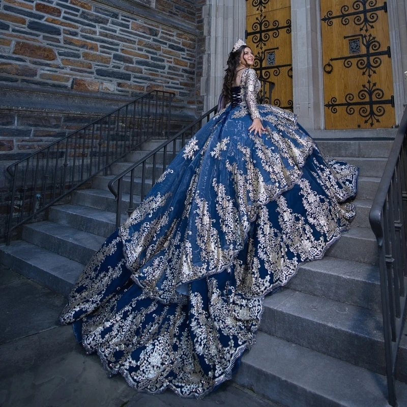 Sea Blue Shiny Quinceanera Dresses Ball Gown Long Sleeves Gold Applique Lace Pearl Sweet 16 Dress Party Birthday Vestido De 15 Anos