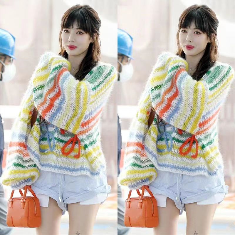 Big-name high-grade lazy wind rainbow striped mohair sweater women's new loose wool sweater