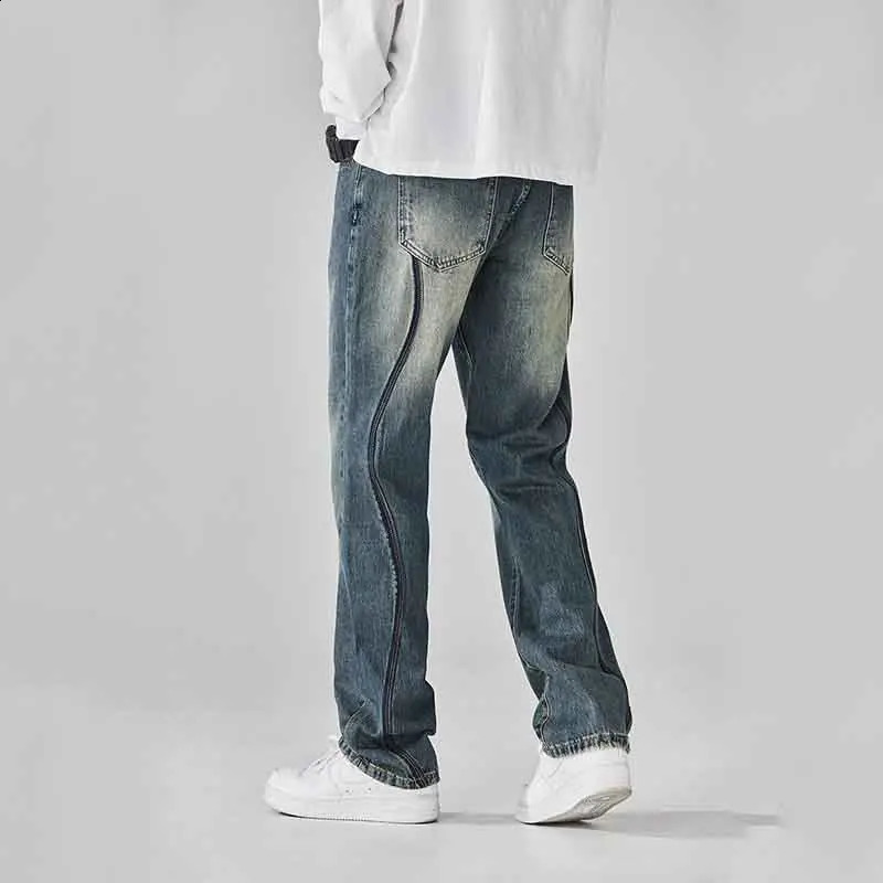 Retro American Street Summer Jeans Mens Pocket Zipper Distressed Trend Versatile Straight Wide Leg Denim Trouser 240926