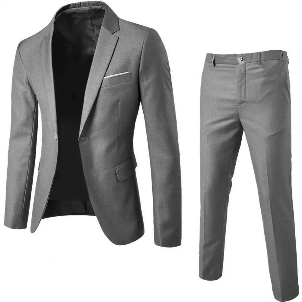 1 Set Stylish Formal Suit Temperament Men Blazer Pants Turndown Collar Pure Color One Button Suit Set Daily WearXJ250222