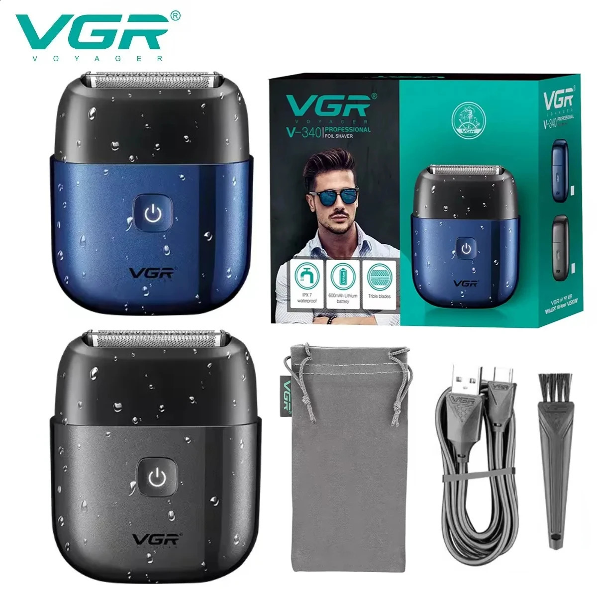 VGR electric shaver professional waterproof travel mini electric shaver IPX7 portable reciprocating mens aluminum foil shaver V-340 240918