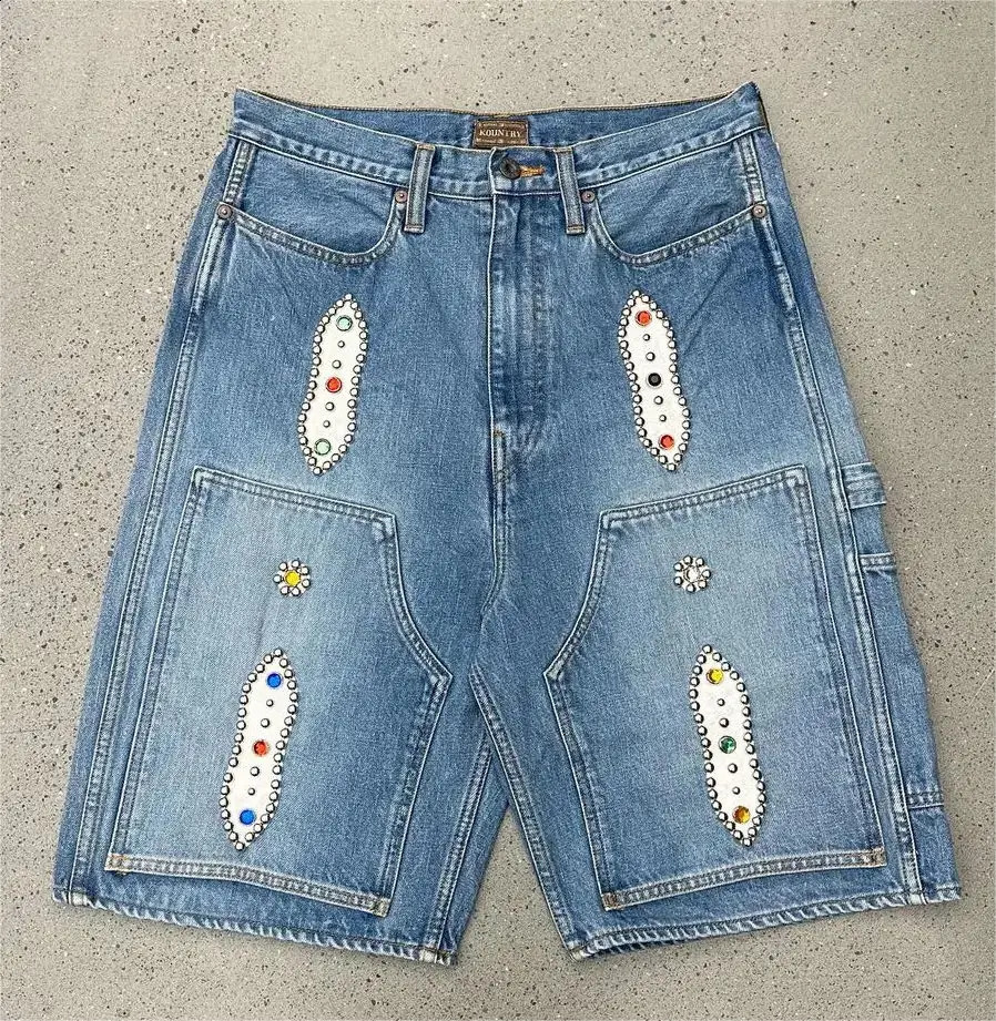 Street Clothing Y2K Denim Shorts Fashion Pocket Embroidered Bag Womens Hip Hop High Waist Wide Leg Sports 240926