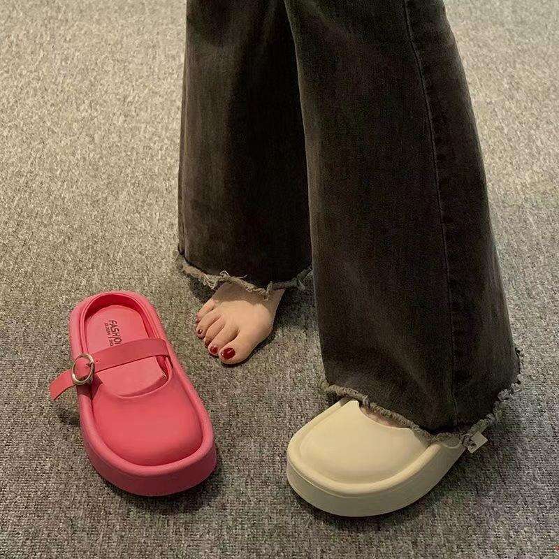 Outside Half Lazy Drag Women Thick Bottom Heightened Ugly Slippers Designer Platform Solid Buckle Casual Slides Shoes