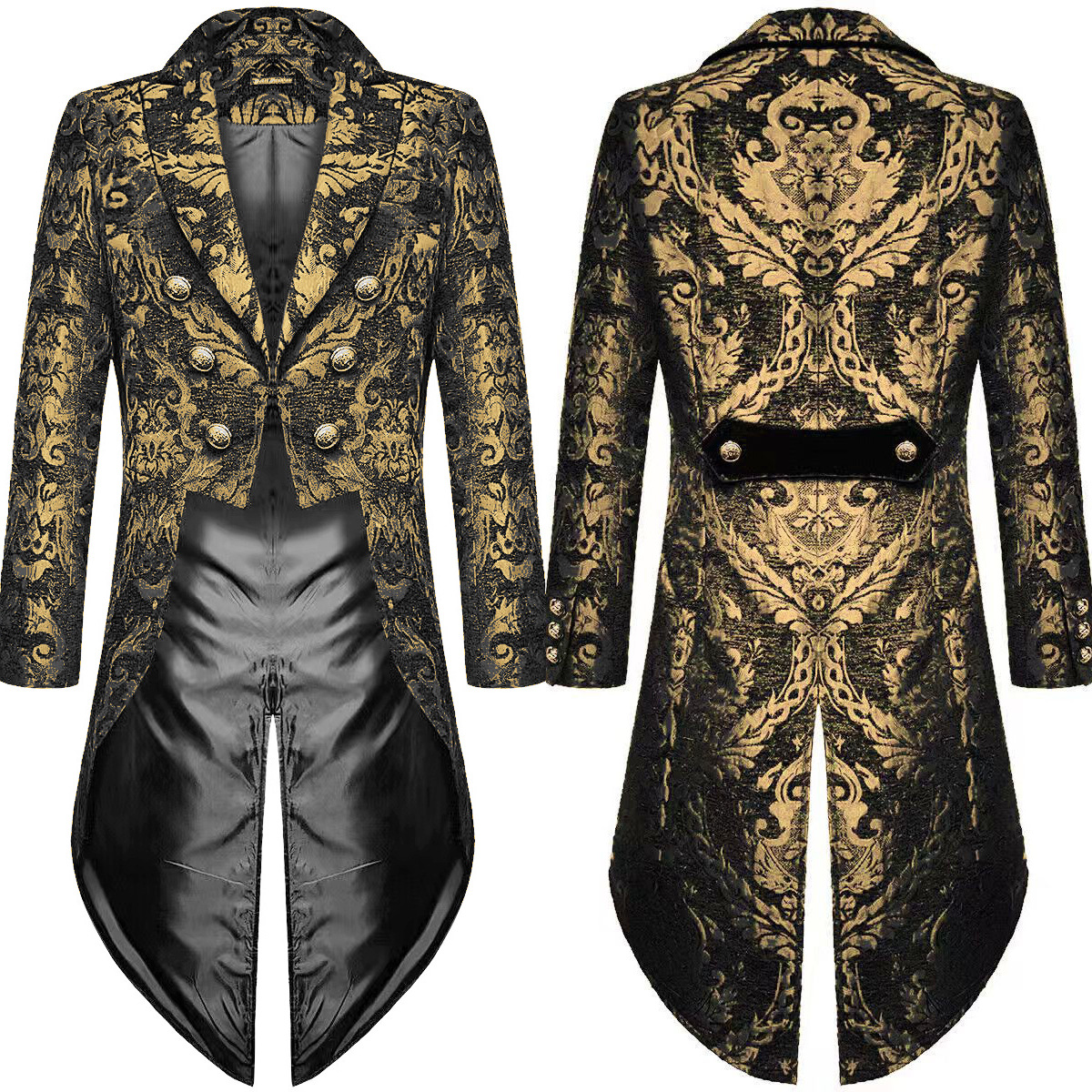 Fashionable men's Gothic steampunk tailcoat jacket Black satin wedding coat