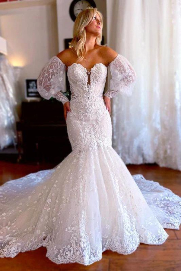 Sexy Sweetheart Removable Puff Sleeve Lace Pleat Tulle Mermaid Wedding Dress For Women Boho Bridal Gowns Sweep Robe De BC18264 0928