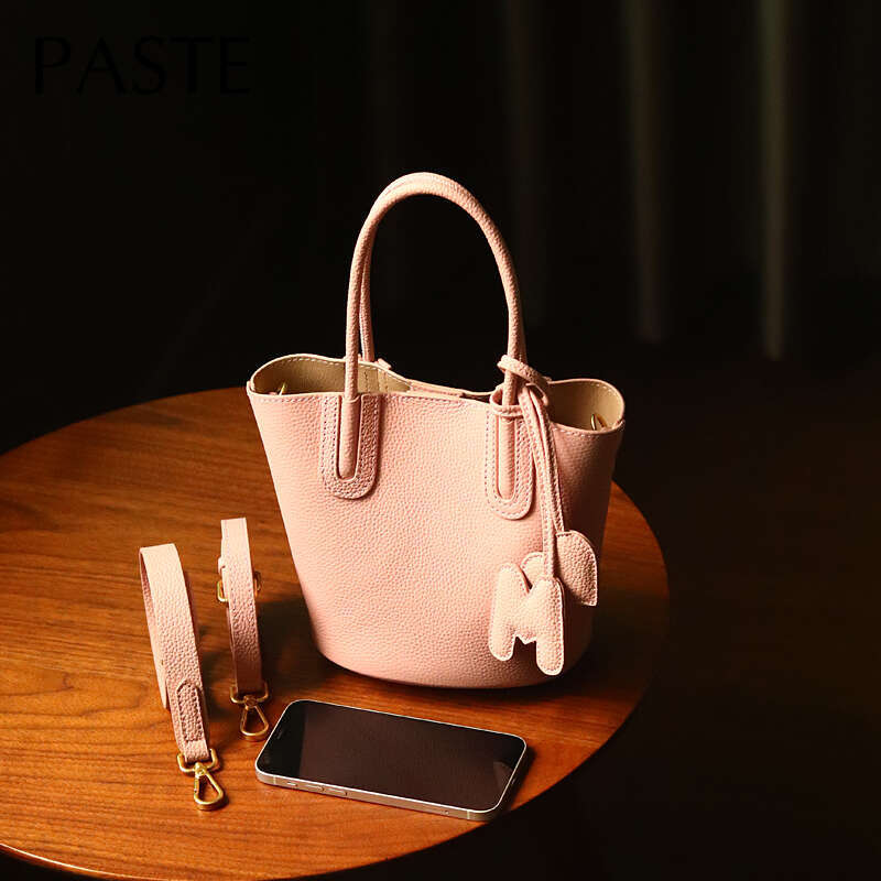 Small Fashion 2024 Trend Stylish Bucket Tote Sier Pink Color New Import Cow Leather Women Shoulder Bag 2 Straps Handbag