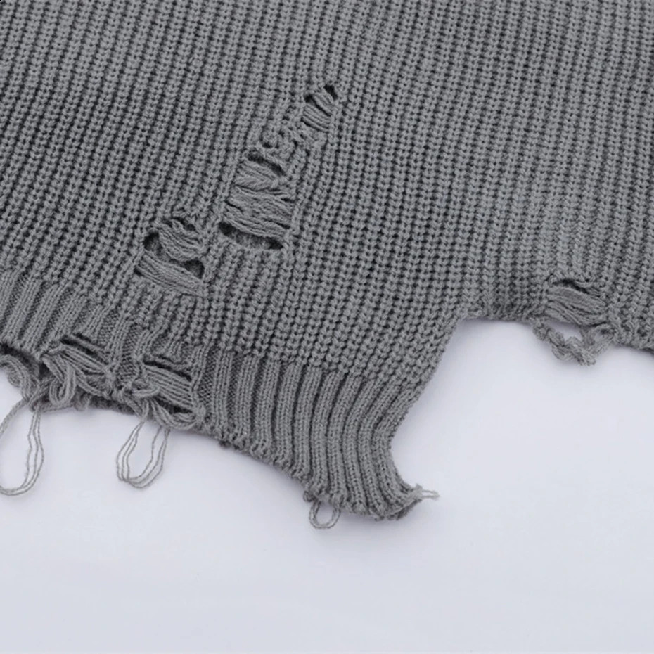 Broken Ripped Sweater Mens Black Grey Loose Knitted Jumper Y2K Pullover Hip Hop Streetwear Oversized Knitted Sweater 240924