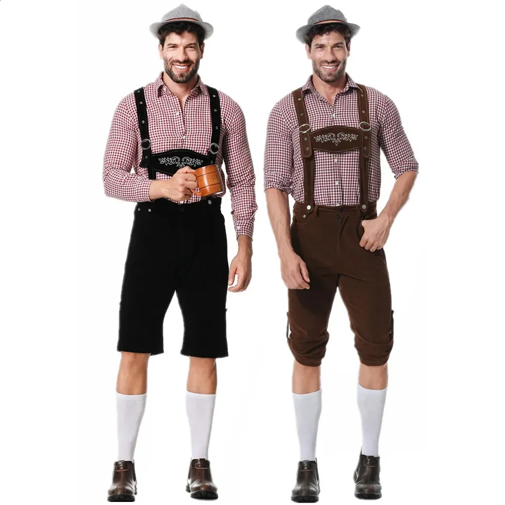 M-XXL Mens Bavarian Beer Festival Lederhosen Costume for Cosplay German Beer Festival Suspendars Rompers Shirt Hat Set 240927