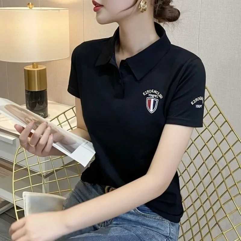 White polo neck womens button ultra-thin womens T-shirt 100 pure cotton plain weave Korean clothing style provides comfort for young clothing W240927