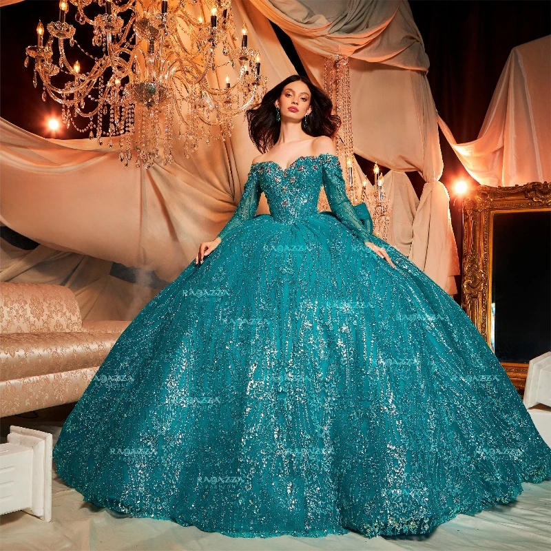 Emerald Green Gillter Princess Sweetheart Quinceanera Dresses Off Shoulder Beads Crystal Tull Lace-up Corset Vestido Xv 15 anos Sweet 16 Dress