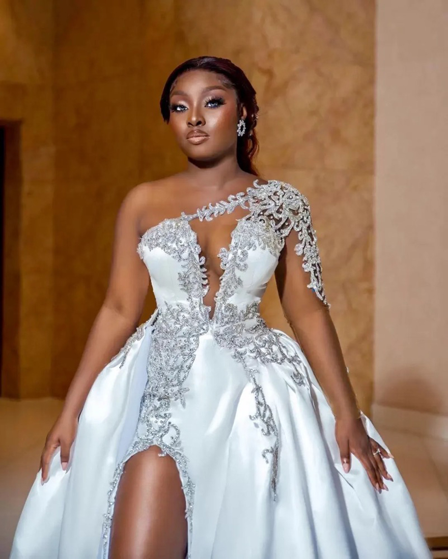Plus Size Arabic Aso Ebi Luxurious Beaded Crystals Wedding Dress with detachable train Lace Mermaid Satin Bridal Gown Free shipping