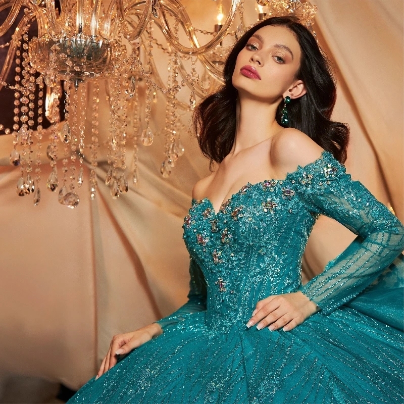 Emerald Green Gillter Princess Sweetheart Quinceanera Dresses Off Shoulder Beads Crystal Tull Lace-up Corset Vestido Xv 15 anos Sweet 16 Dress