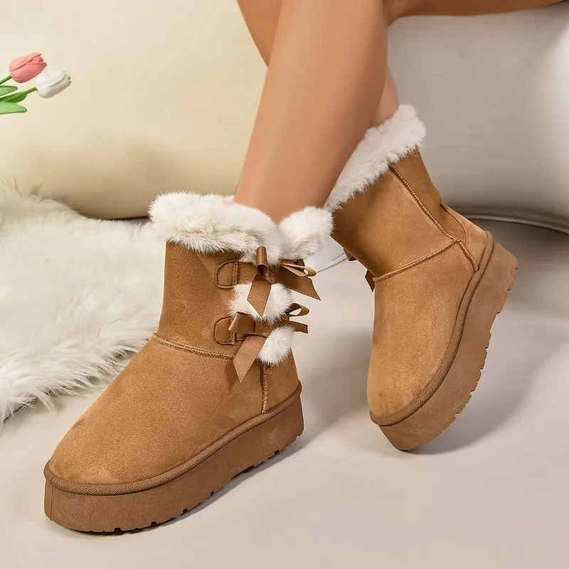 Winter New Hot selling Women Suede Warm Snow Boots Round Head Flat Bow Solid Color Short Boots Outdoor Comfortable Women Shoes
