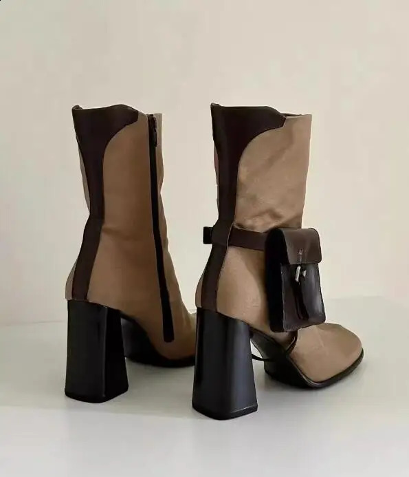 Brown square toe side irregular pocket ankle boots zipper side thick womens high heels with short boots 240926