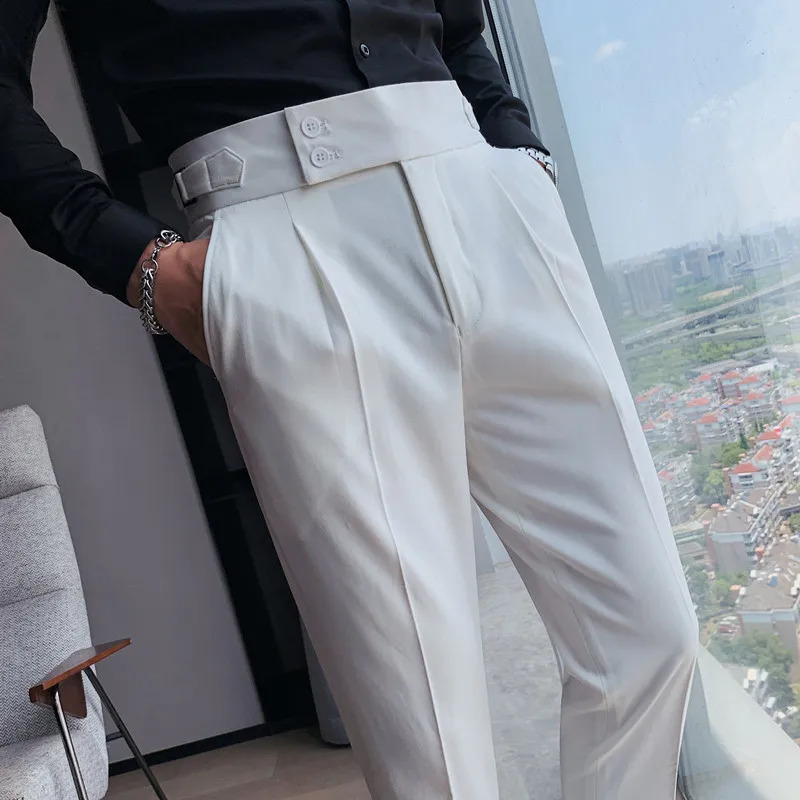 British Style Autumn Solid High Waist Trousers Men Formal Pants 2024 High Quality Slim Fit Business Casual Suit Pants Hommes 240919