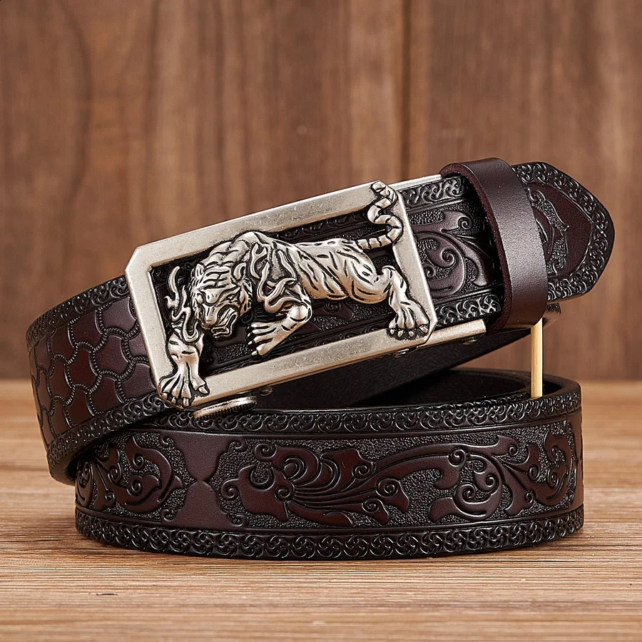 Fashion tiger buckle Tang grass pattern leather strap mens art work strap automatic buckle commercial strap 240925