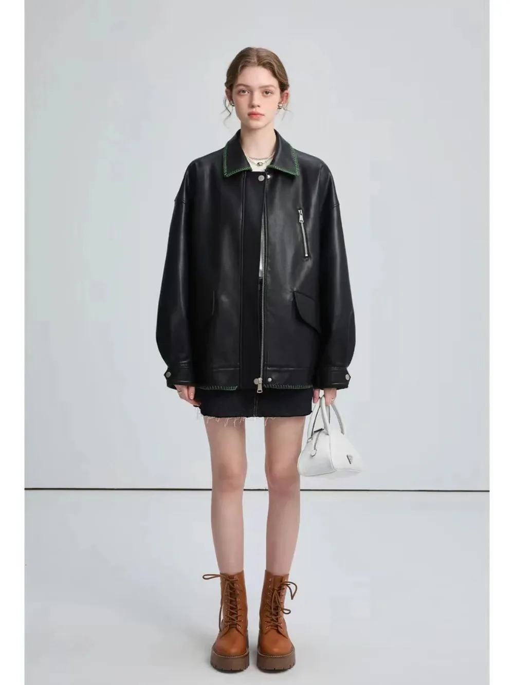 New PU Minimalist Leather Jacket For Women's 2024 Spring Autumn Motorcycle Style Racer Coats Casual