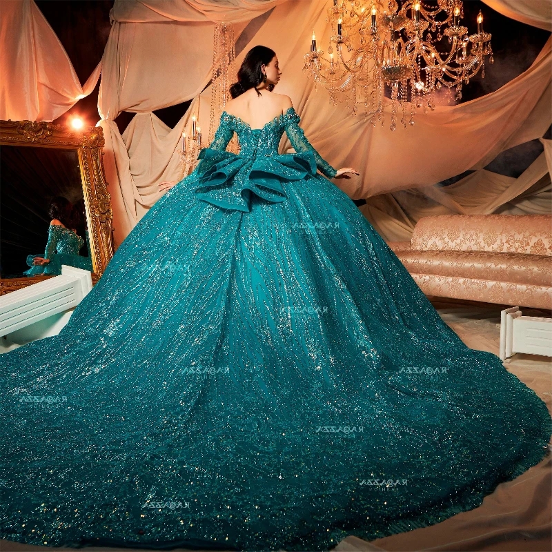 Emerald Green Gillter Princess Sweetheart Quinceanera Dresses Off Shoulder Beads Crystal Tull Lace-up Corset Vestido Xv 15 anos Sweet 16 Dress
