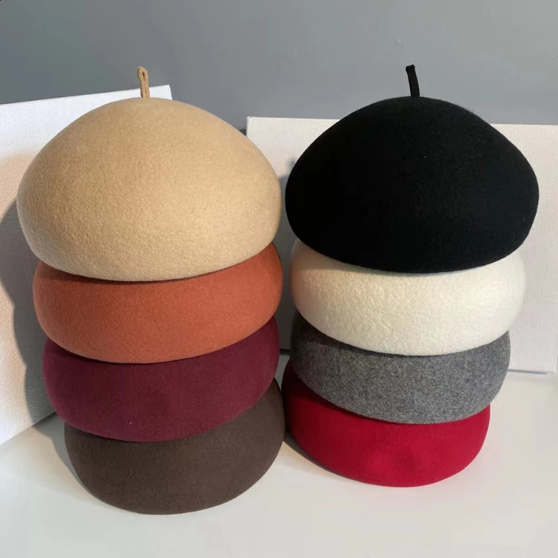 Painter 100% Wool Felt Winter Beret Solid Warm Womens Beanies Classic French Fedoras Brushless Hat Womens Gift Wholesale 240925