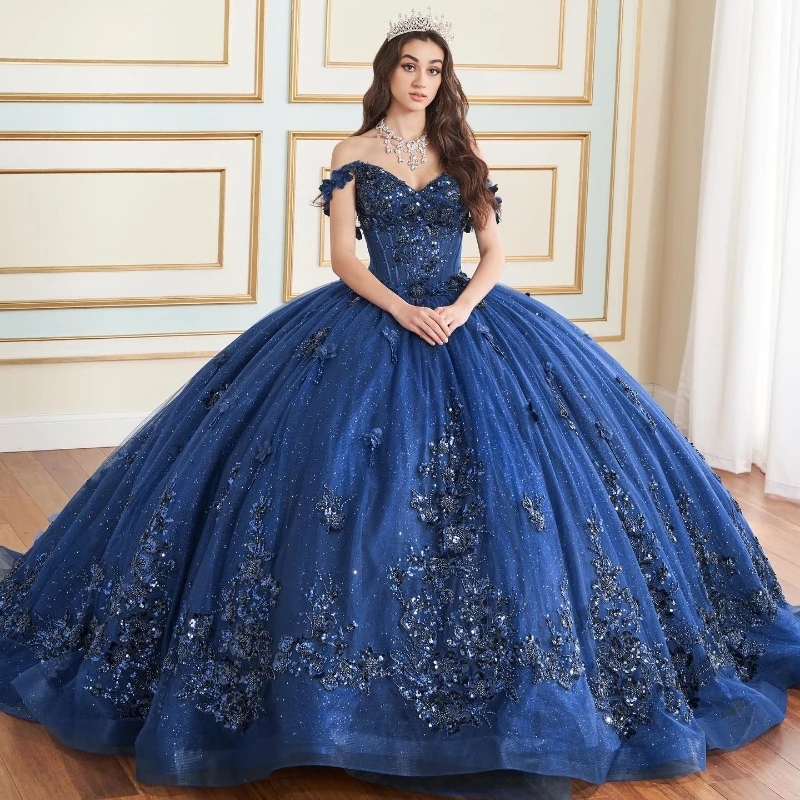 Navy Blue Shiny Princess Ball Gown Quinceanera Dresses Off shoulder Sequin Applique Lace Beads Tull Sweet 16 Dress Vestidos 15 Anos