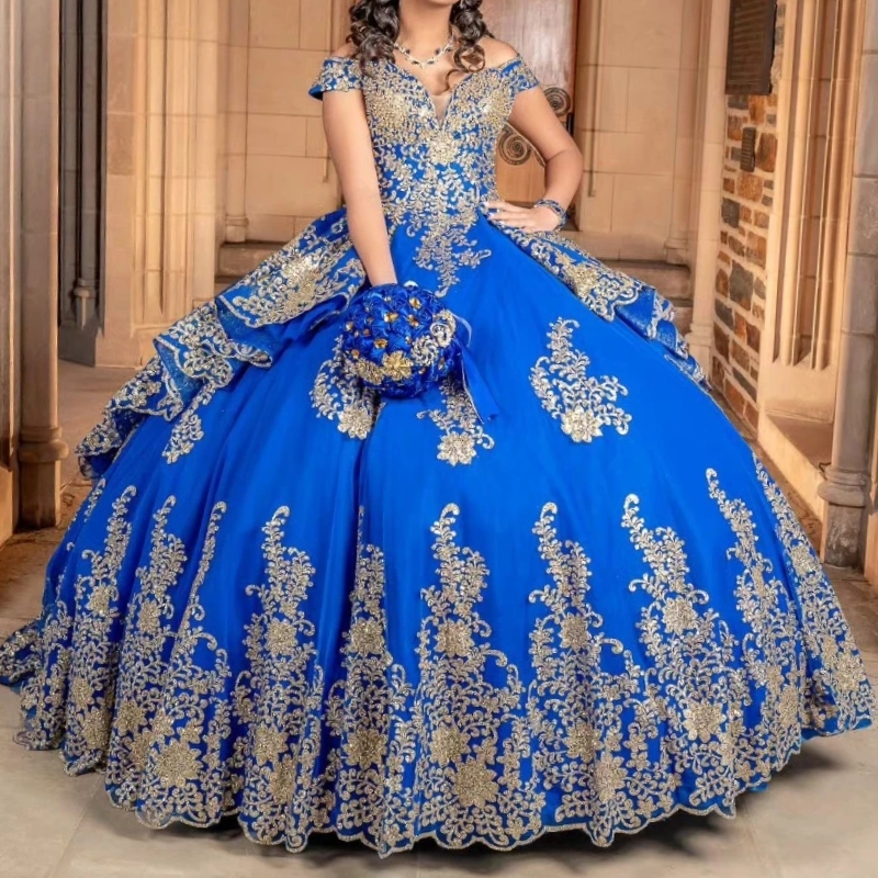 Luxury Blue Quinceanera Dresses Gold Lace Appliqued Pearls Tull Ball Gown Vestidos 15 De Quinceanera Sweetheart Sweet 16 Dress