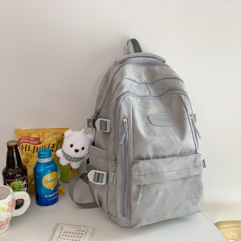 New Korean Style Women's Cute Little Bear Design Women's Backpack Large Capacity High School Student White Blue Backpack Casual Travel Backp
