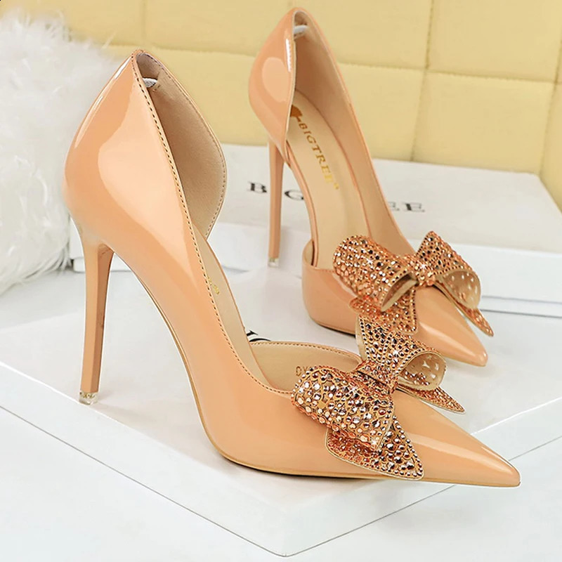 BIGTREE Pump Womens 10.5cm Heel Water Diamond Bow Womens Heel Fine High Heel Patent Leather High Heel Womens Shoes 240925