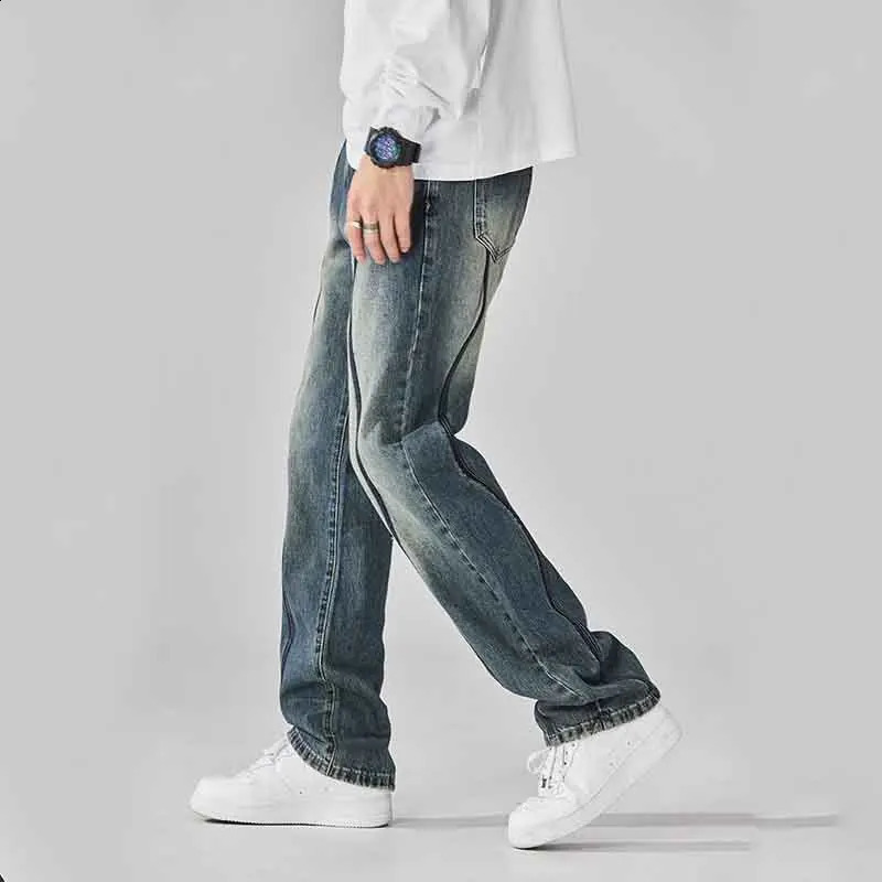 Retro American Street Summer Jeans Mens Pocket Zipper Distressed Trend Versatile Straight Wide Leg Denim Trouser 240926