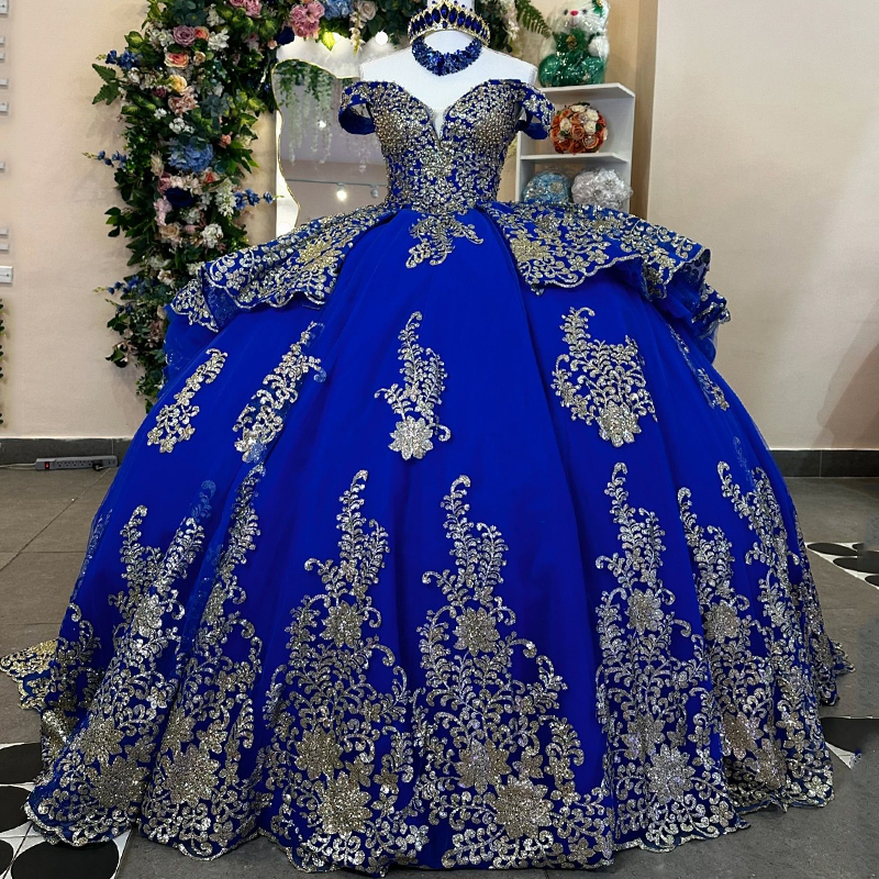 Sparkly Royal Blue Quinceanera Dresses Off Shoulder Sequin Gold Appliques Lace Pearl Corset Ball Gown Party Birthday Dress Vestidos 15 Anos