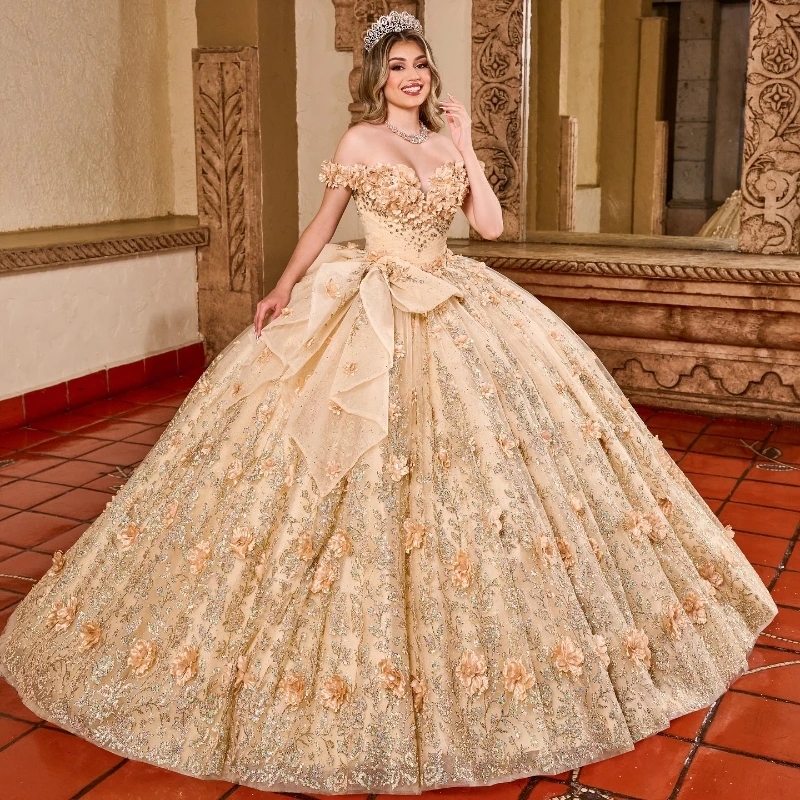 Champagne Shiny Quinceanera Dresses Ball Gown Lace Flower Beading Tulle Lace-Up Backless Party Princess Sweet 16 Dress Vestidos De 15 Anos