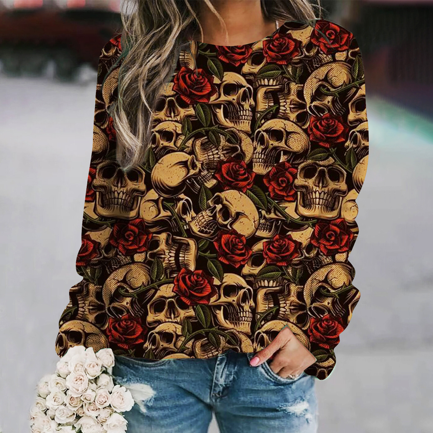 Spooky Vibes: 2024 3D Printed Halloween Pullover with Skull Head & Rose Sleeves dh910320090