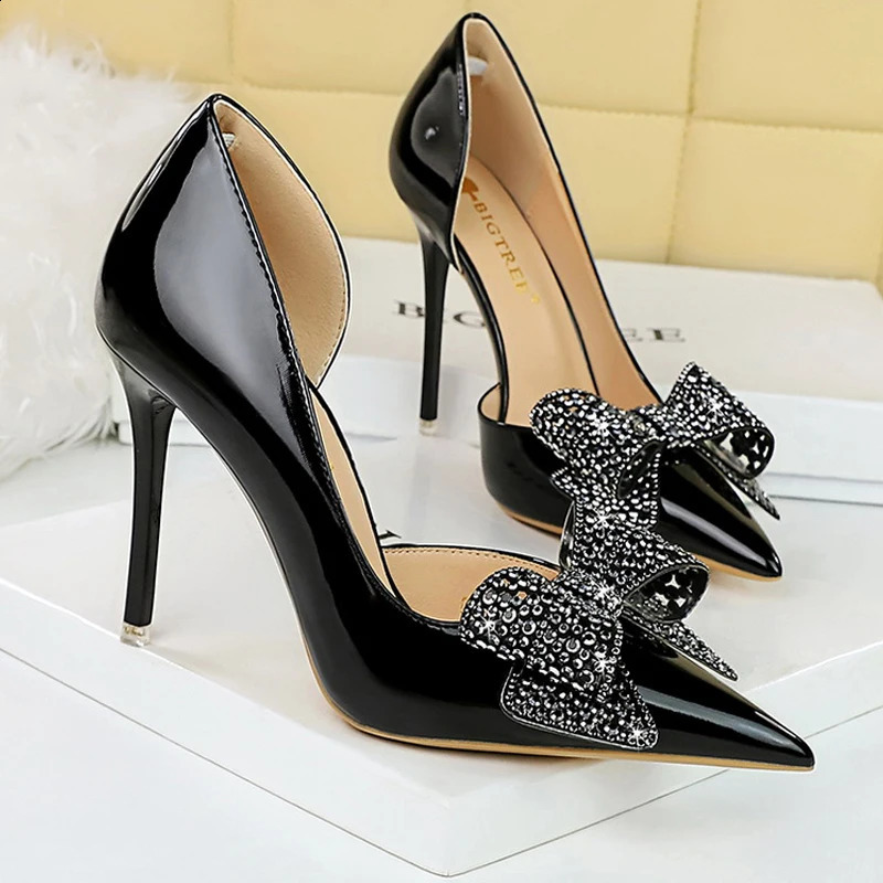 BIGTREE Pump Womens 10.5cm Heel Water Diamond Bow Womens Heel Fine High Heel Patent Leather High Heel Womens Shoes 240925