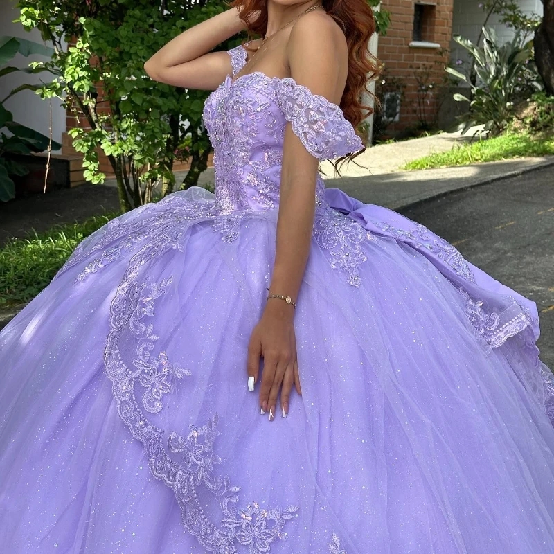 Lavender Ball Gown Quinceanera Dresses Off The Shoulder Birthday Party Vestido De 15 Anos Appliques Lace Beads Tull Sweet 16 Dress