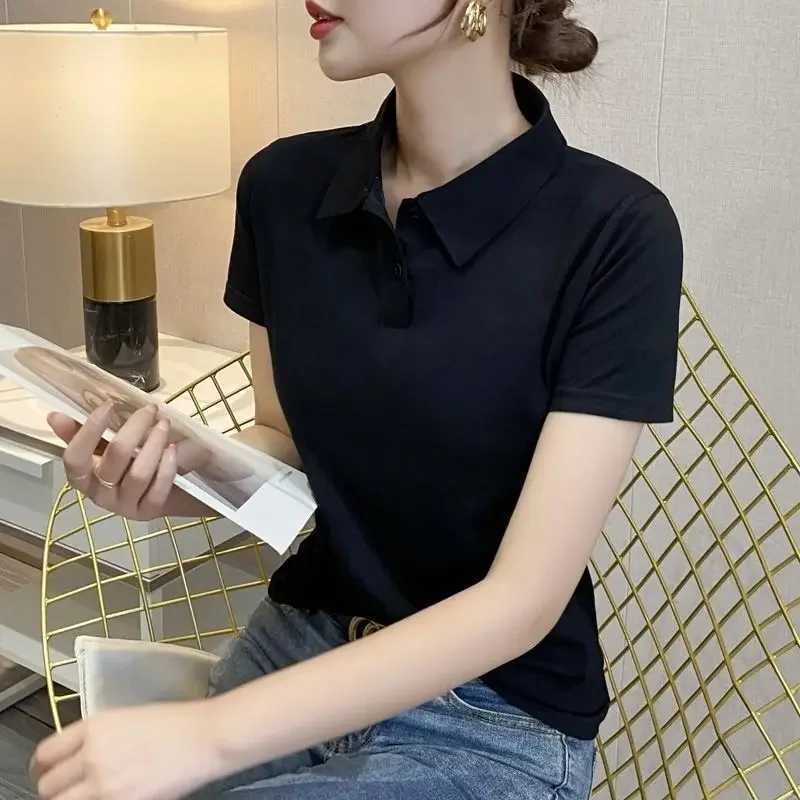 White polo neck womens button ultra-thin womens T-shirt 100 pure cotton plain weave Korean clothing style provides comfort for young clothing W240927