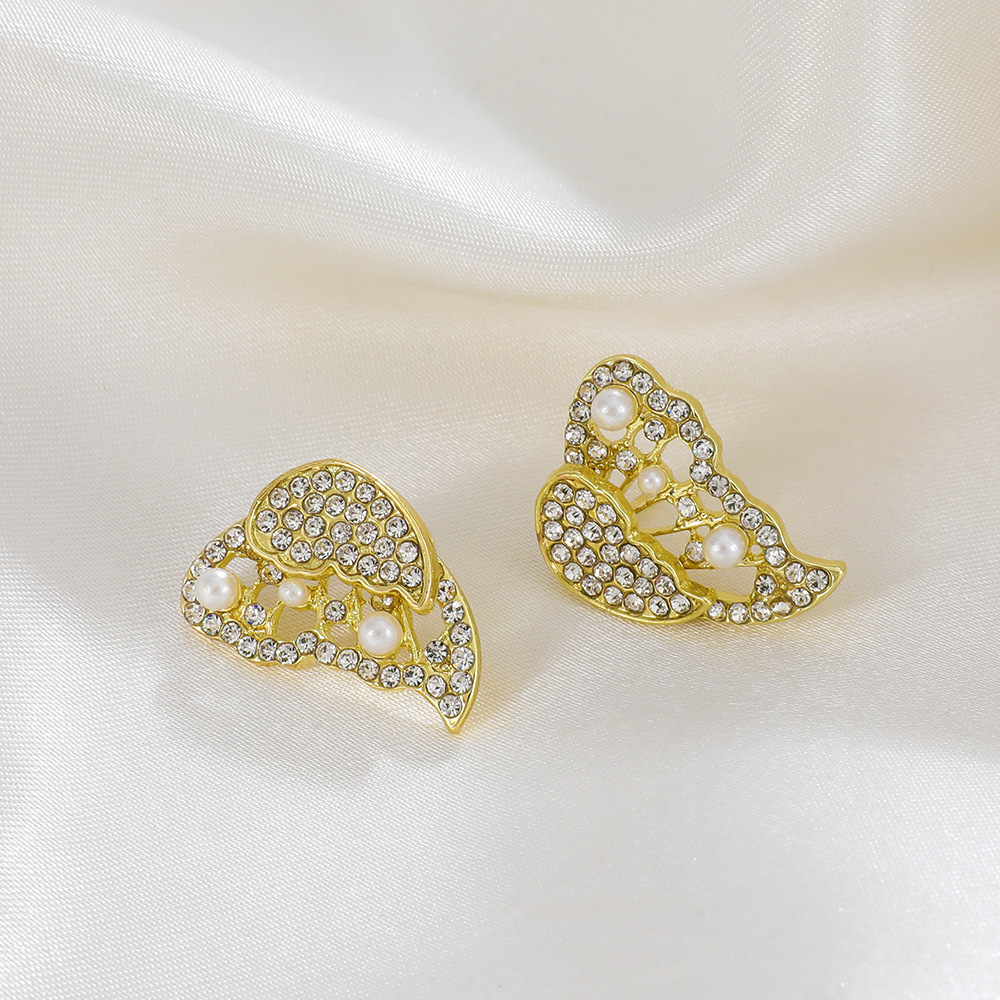 Fashionable Western-Style Micro Pave Pearl Butterfly Earrings - Stylish Dual Layer Split Earrings for Women
