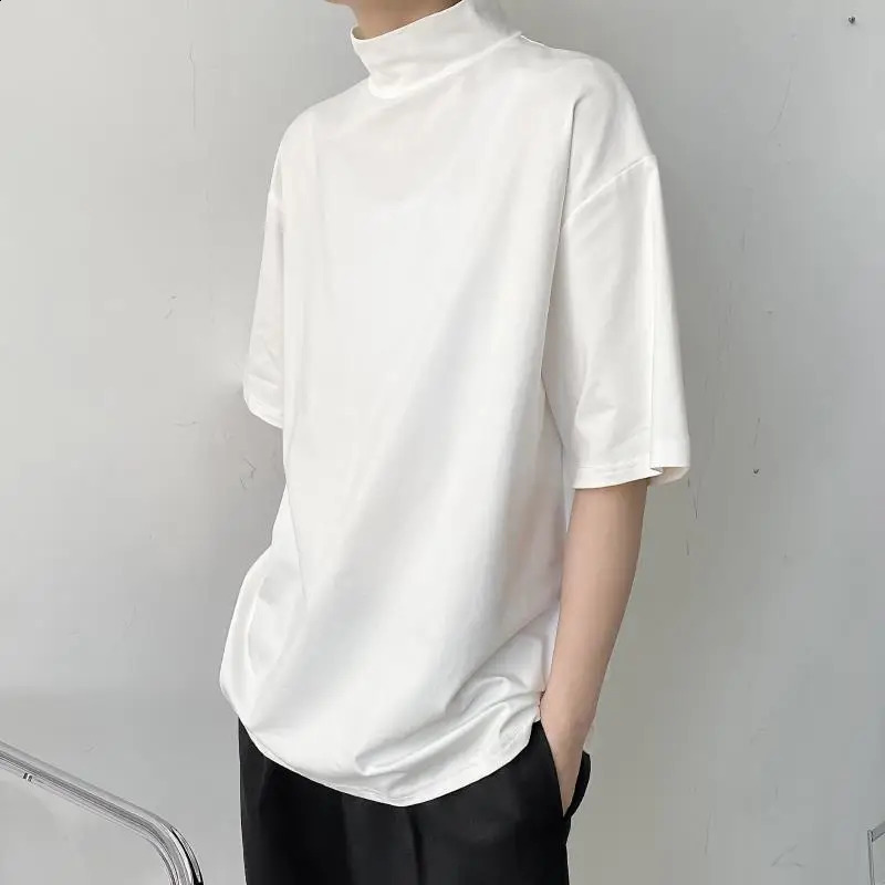 Turtleneck soft solid short sleeved mens oversized sportswear fashionable Korean Harajuku casual full matching clothing Street summer 240927