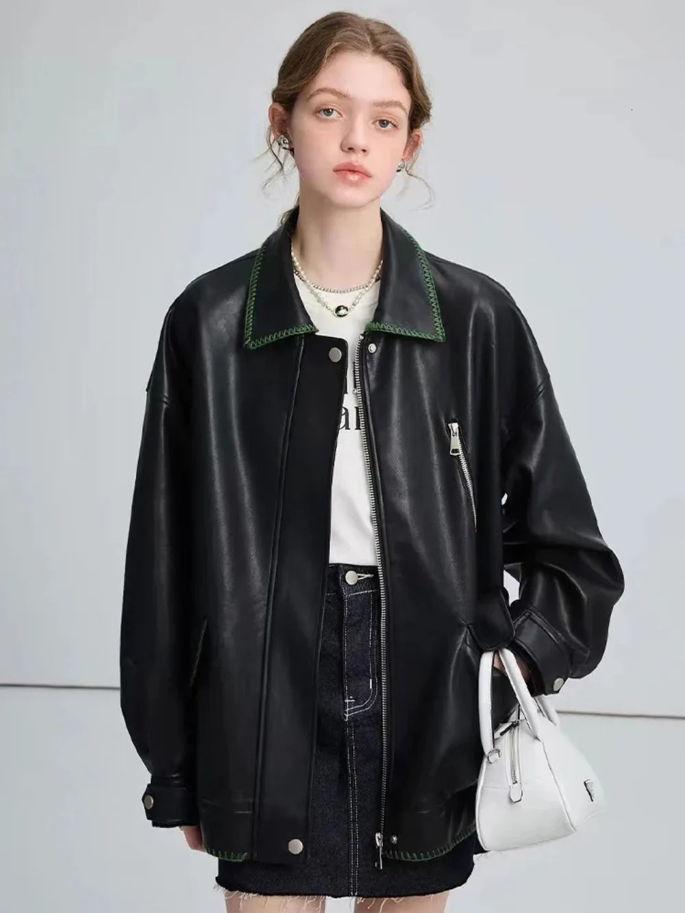 New PU Minimalist Leather Jacket For Women's 2024 Spring Autumn Motorcycle Style Racer Coats Casual