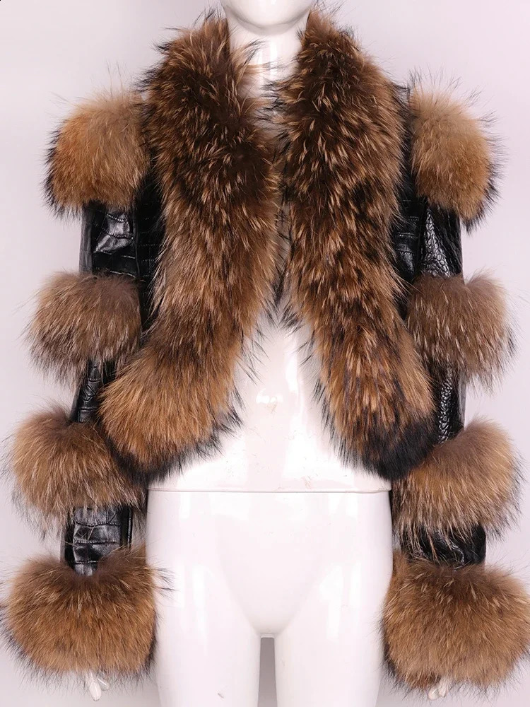 RR2775 Plus Size Artificial Fox Fur Winter Jacket Womens Leather Short Crop Jacket Womens Cotton Lined Fur Decorative Leather 240927