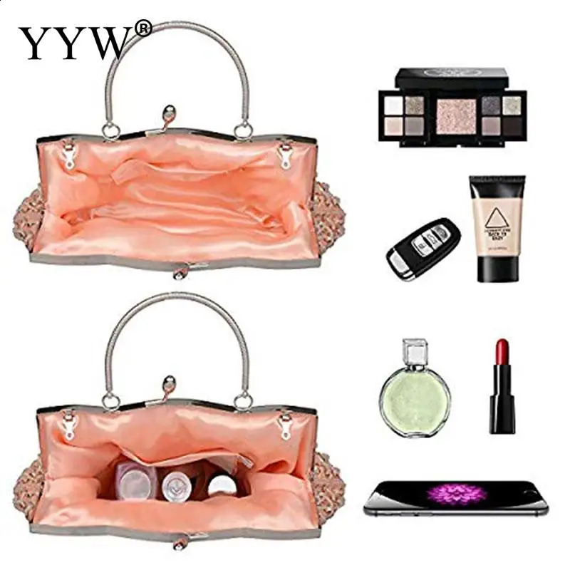 Crystal Beaded Evening Party Clutch Handbag Women Floral Printing Soft Tote Bags Metal Top Handle Wedding Brides Messenger Purse 240926