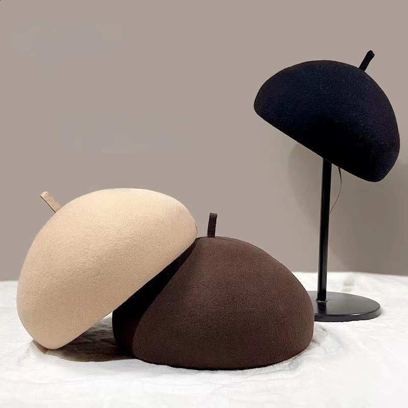 Painter 100% Wool Felt Winter Beret Solid Warm Womens Beanies Classic French Fedoras Brushless Hat Womens Gift Wholesale 240925
