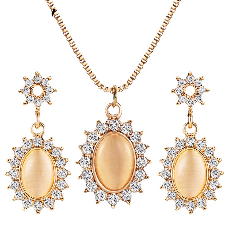 Elegant Vintage Lady's Accessory Set Featuring Korean-Inspired Cat Eye Sunflower Earrings and French Pave Zircon Necklace