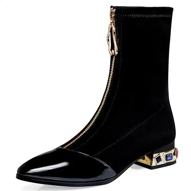 Womens shiny sequined ankle boots winter fashion point front zipper rhinestone square short boots retro motorcycle shoes 55 240926bj - view 7