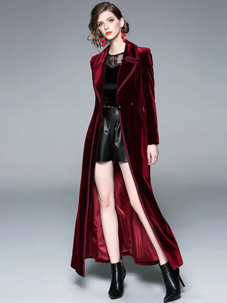 Winter Runway er Women Vintage Notched Collar Wrap Black Velvet Maxi Overcoat Thick Warm Pocket Long Trench Coat Outwear 240919