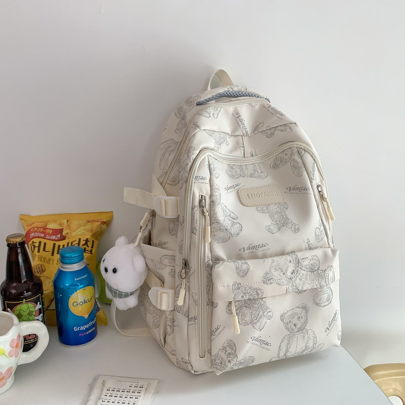New Korean Style Women's Cute Little Bear Design Women's Backpack Large Capacity High School Student White Blue Backpack Casual Travel Backp