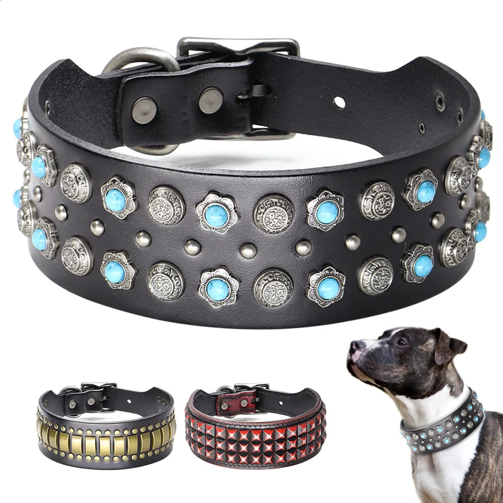 Leather large dog collar 2-inch wide diamond dog collar durable spike pet necklace suitable for medium and large dogs bullfighting 240923