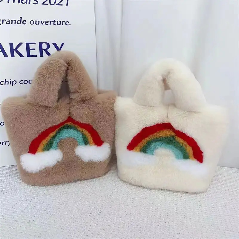 Cute Rainbow Plush Bag for Winter Womens Fashion Fluffy Bag Large Capacity Chain Cross Barrel Shoulder Fur Soft Fluffy Bag 240923